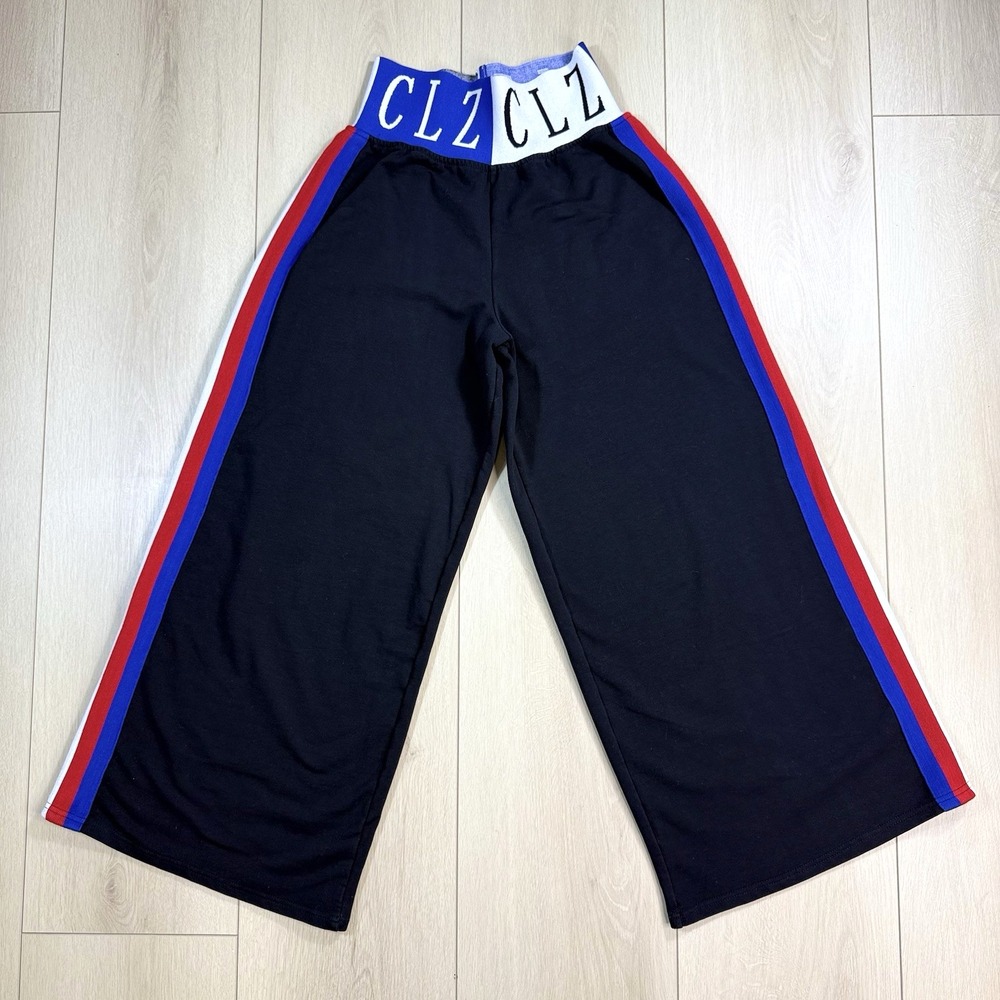 Finkshark CLZ Black‎ Wide Leg Pants Women's XL Stripe Trim Elastic Waist Casual